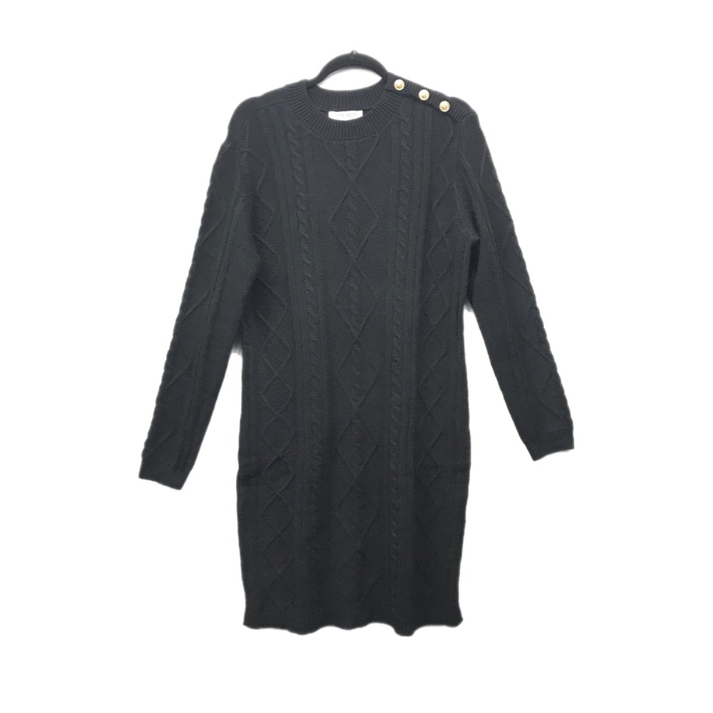 Nine West Women's Sweater Dress Size M Black Long Sleeve Knit Gold Buttons - NEW